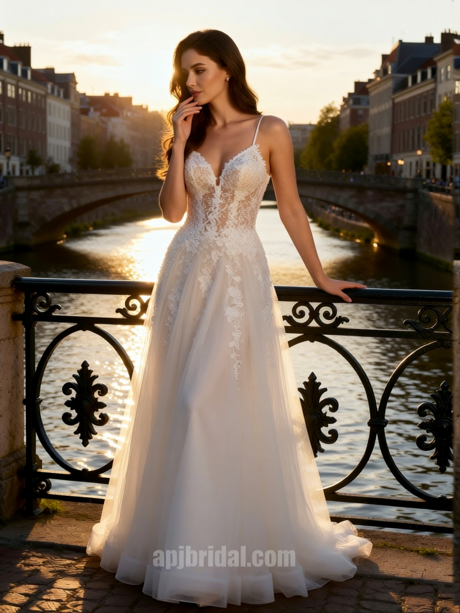 APJbridal Romantic Spaghetti Strap Deep V-Neck Lace A-Line Wedding Dress with Tulle Skirt